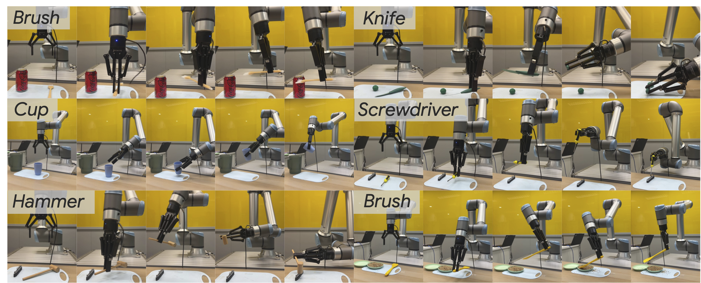P2P-T real-world evaluation tasks: hammer, cup, brush, screwdriver, knife, and spoon