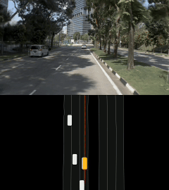 Closed-loop driving example 1, showing a road scene and the corresponding simulation view