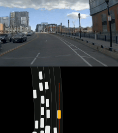 Closed-loop driving example 2, showing a road scene and the corresponding simulation view